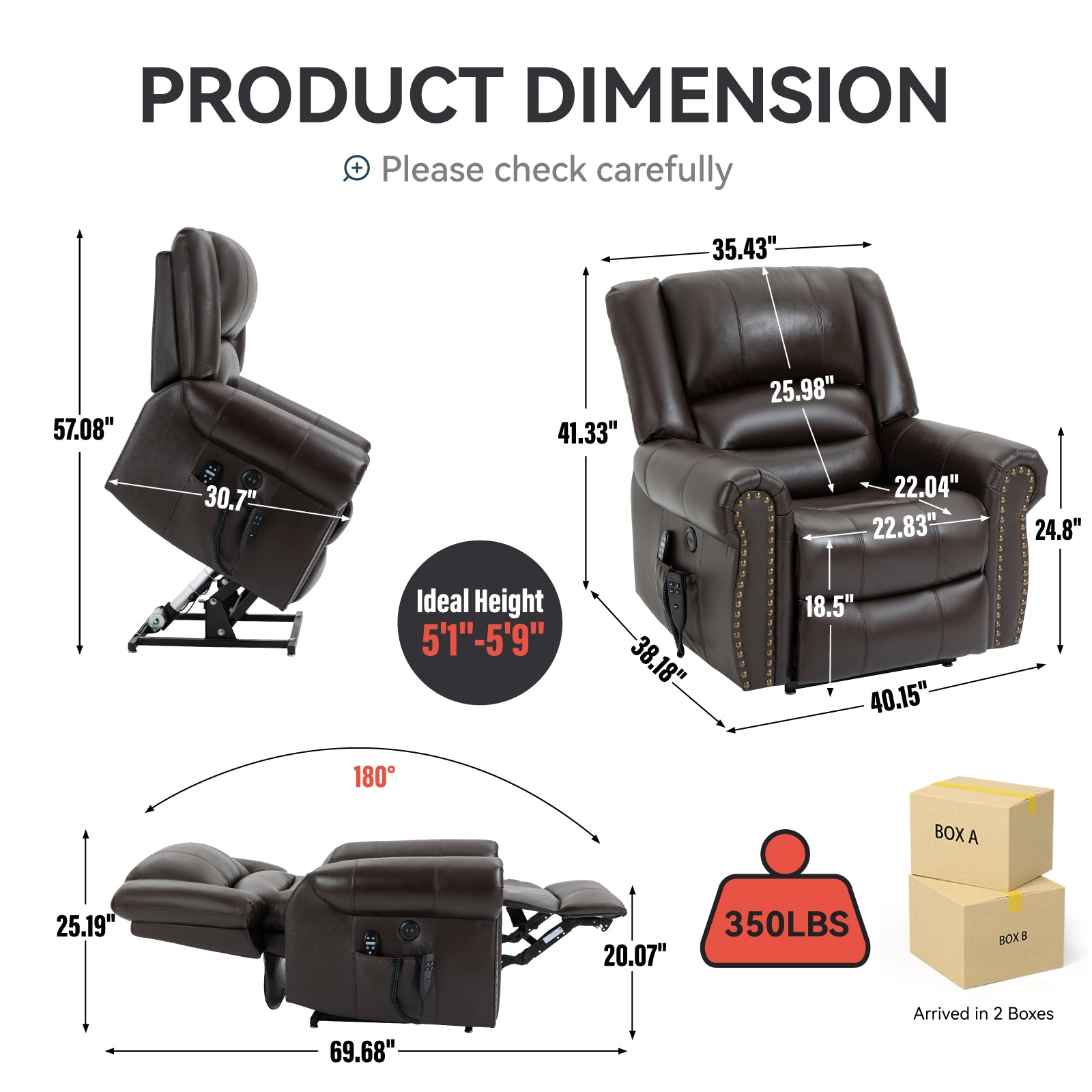 Power Lift Recliner Chair Heat Massage Dual Motor Infinite Position Up to 350 LBS, Genuine Leather, Heavy Duty Motion Mechanism with USB Ports, Brown image 2