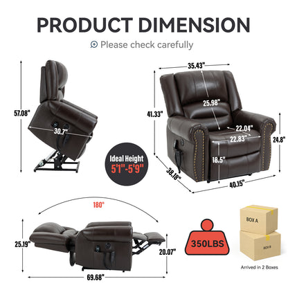 Power Lift Recliner Chair Heat Massage Dual Motor Infinite Position Up to 350 LBS, Genuine Leather, Heavy Duty Motion Mechanism with USB Ports, Brown image 2