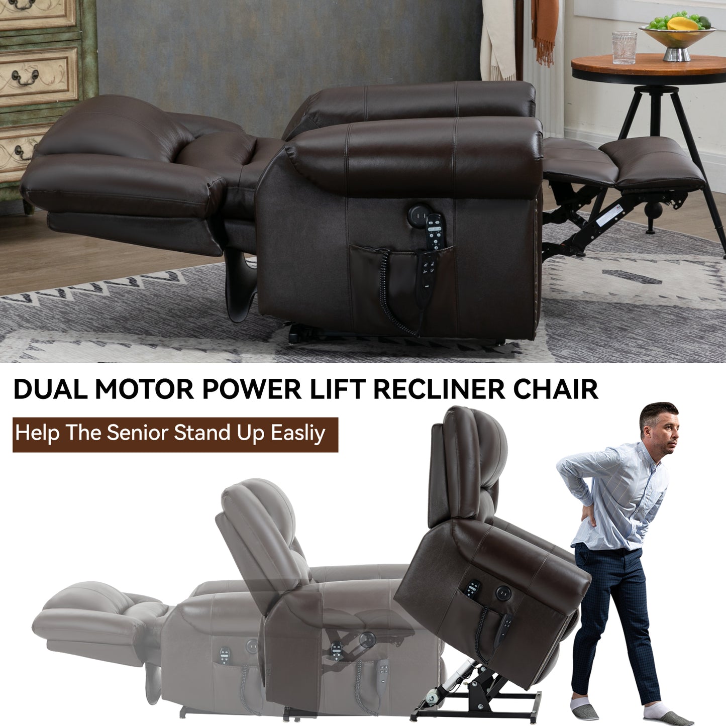 Power Lift Recliner Chair Heat Massage Dual Motor Infinite Position Up to 350 LBS, Genuine Leather, Heavy Duty Motion Mechanism with USB Ports, Brown image 11