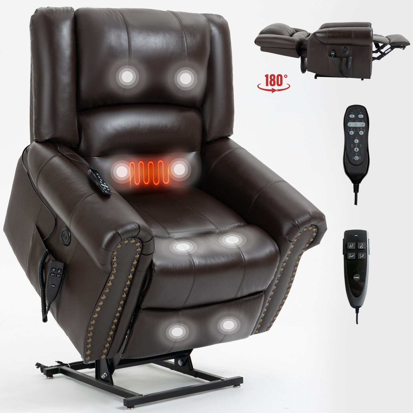 Power Lift Recliner Chair Heat Massage Dual Motor Infinite Position Up to 350 LBS, Genuine Leather, Heavy Duty Motion Mechanism with USB Ports, Brown image 1