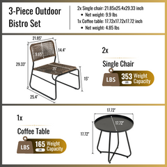 Patio Furniture Set 3 Piece Mixture Pattern PE Rattan Steel Frame And Modern Round Table, Brown and Black