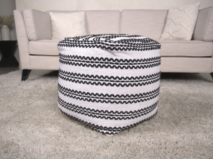 Lani Handcrafted Fabric Pouf, Natural with Black image 1