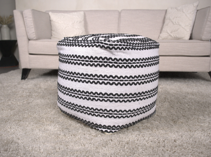 Lani Handcrafted Fabric Pouf, Natural with Black image 1