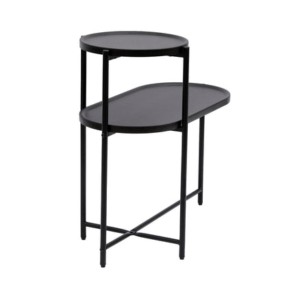 Round Coffee Table with Storage Tray 2 Tier Oval End Tables Wooden Small Side Table for Living Room (Black) image 12