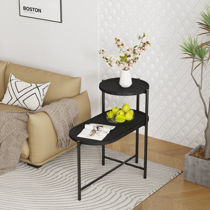 Round Coffee Table with Storage Tray 2 Tier Oval End Tables Wooden Small Side Table for Living Room (Black) image 3
