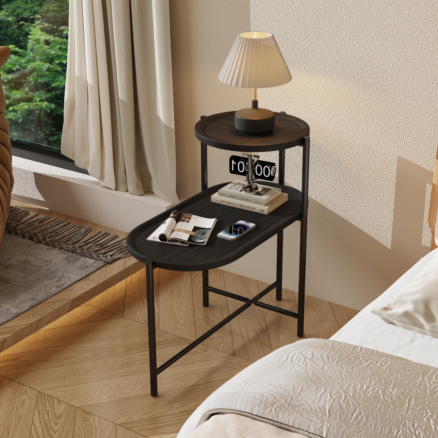 Round Coffee Table with Storage Tray 2 Tier Oval End Tables Wooden Small Side Table for Living Room (Black) image 2