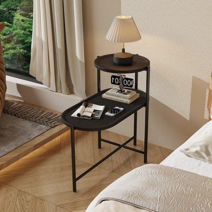 Round Coffee Table with Storage Tray 2 Tier Oval End Tables Wooden Small Side Table for Living Room (Black) image 2