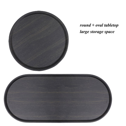 Round Coffee Table with Storage Tray 2 Tier Oval End Tables Wooden Small Side Table for Living Room (Black) image 5