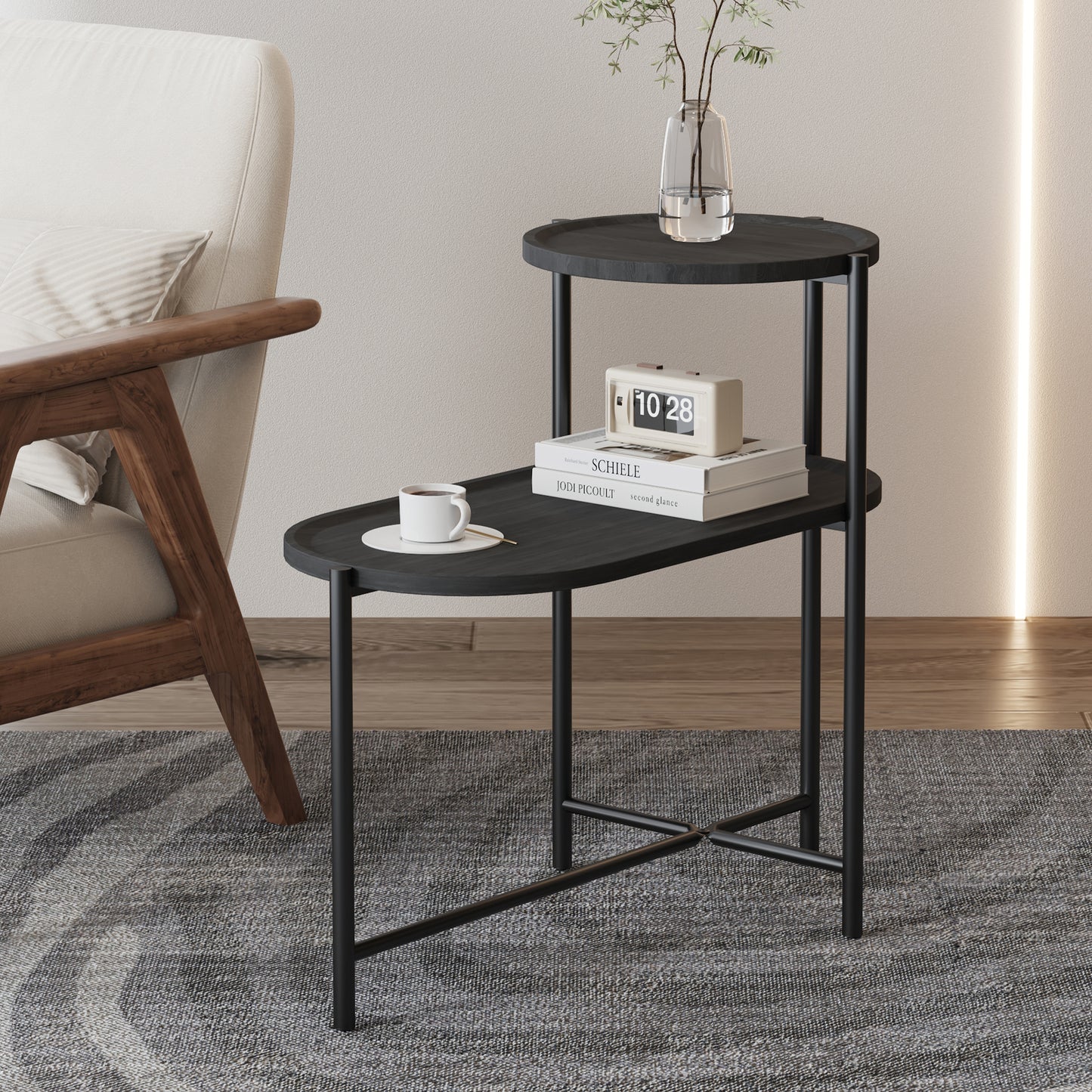Round Coffee Table with Storage Tray 2 Tier Oval End Tables Wooden Small Side Table for Living Room (Black) image 1