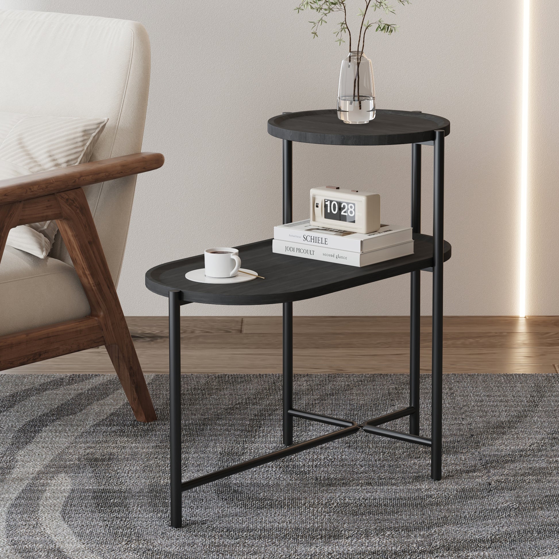 Round Coffee Table with Storage Tray 2 Tier Oval End Tables Wooden Small Side Table for Living Room (Black) image 1