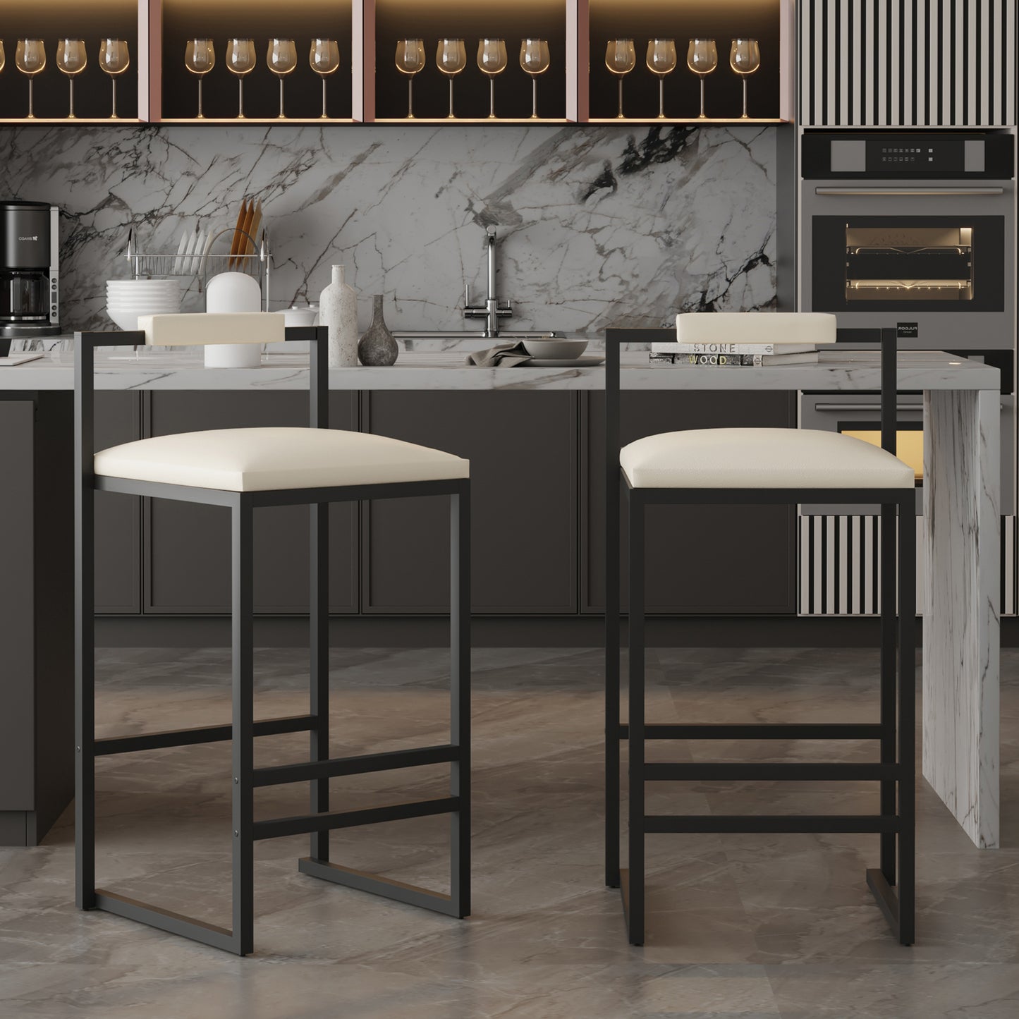 Set of 2 Barstools Faux Leather Upholstered Bar Stools Modern Metal Frame Dining Chairs for Counter, Kitchen Island (Beige) image 1