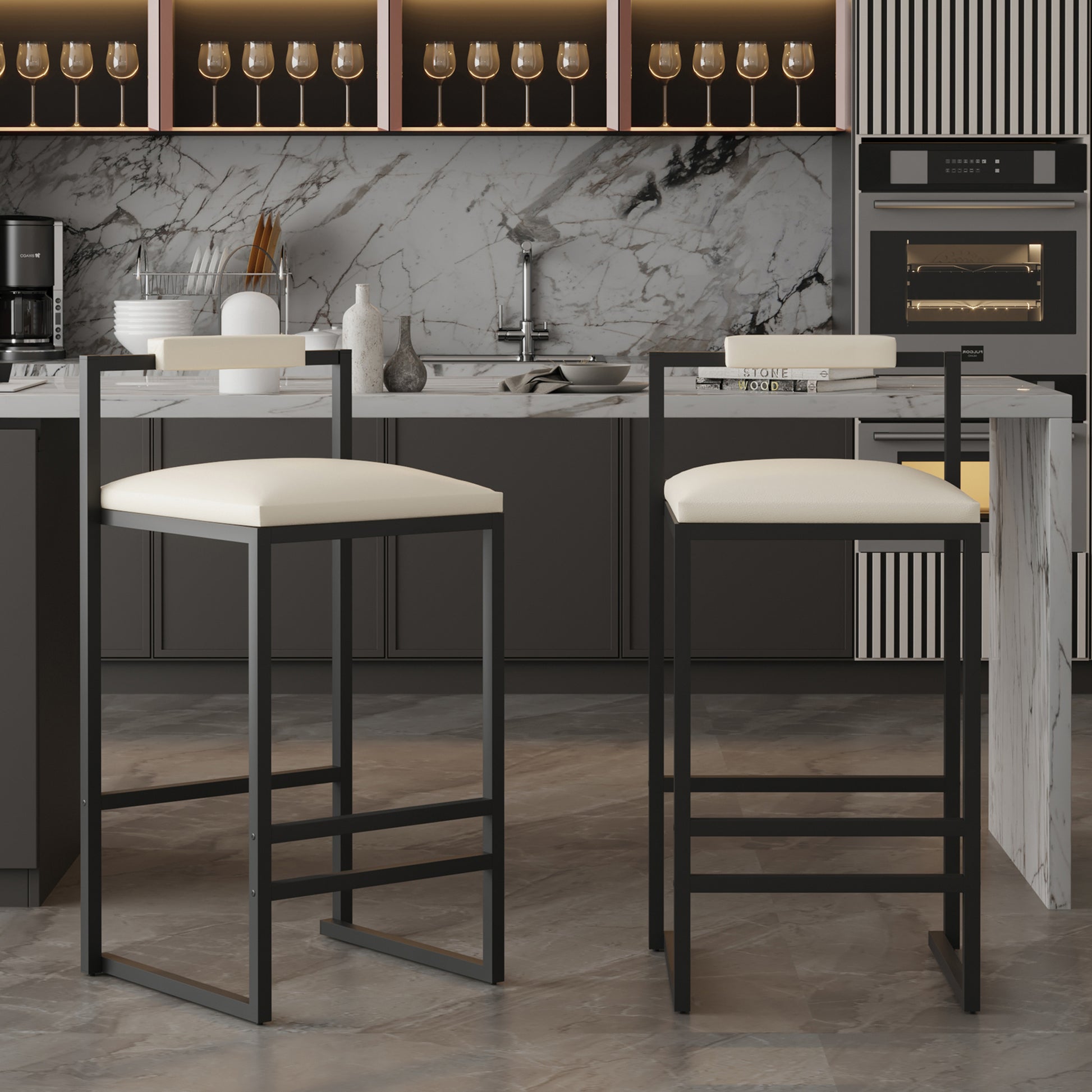 Set of 2 Barstools Faux Leather Upholstered Bar Stools Modern Metal Frame Dining Chairs for Counter, Kitchen Island (Beige) image 1