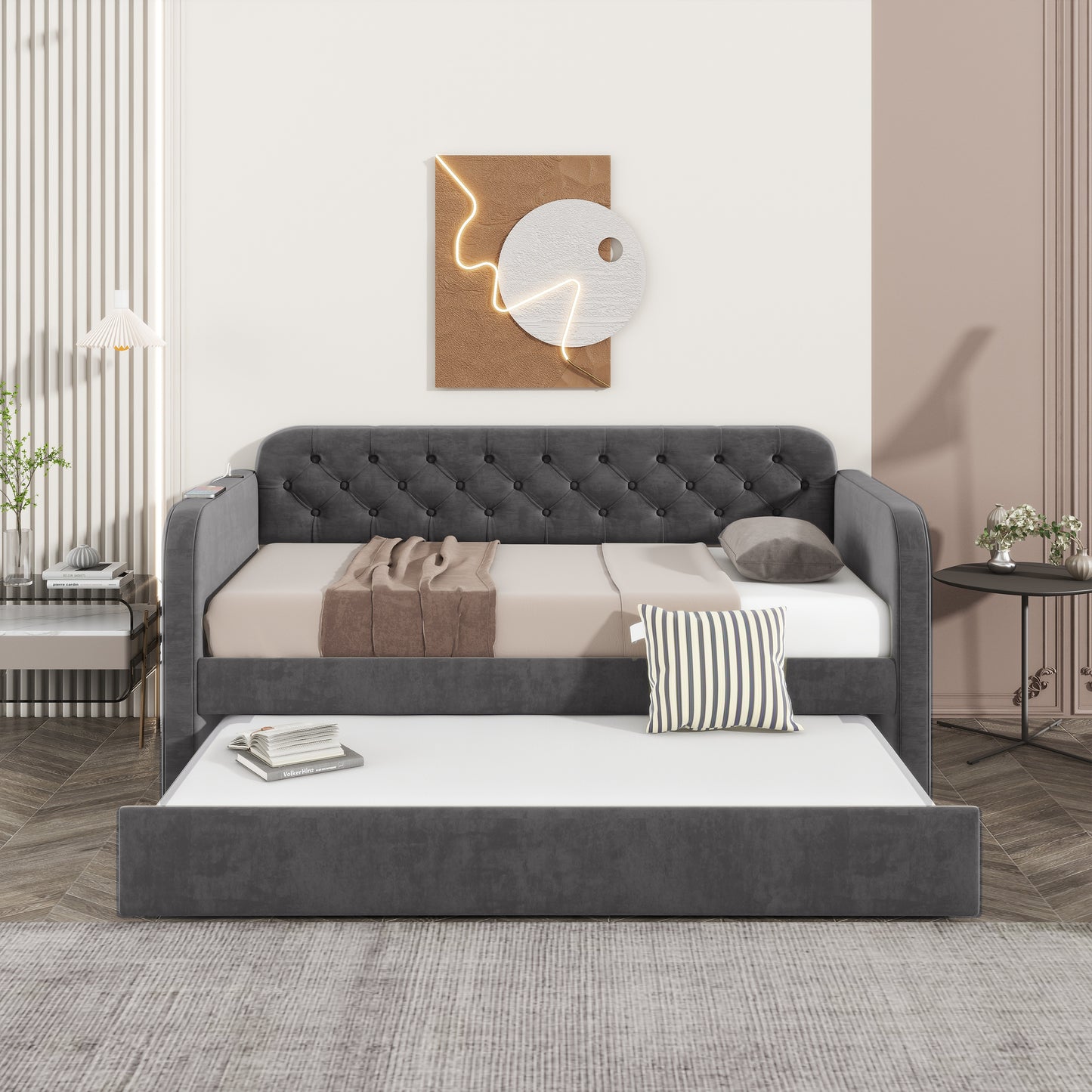 Twin Size Upholstered Daybed with Trundle and USB Charging Design, Velvet Upholstered Daybed Frame, Twin Sofa Bed for Living Room Bedroom, No Box Spring Needed,Plush velvet fabric dark grey 18# image 1