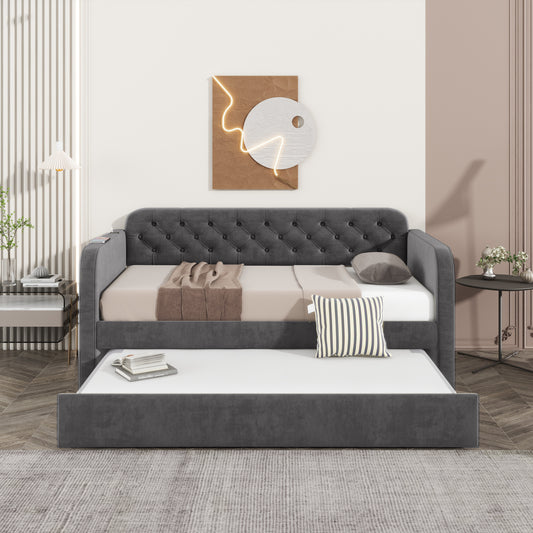 Twin Size Upholstered Daybed with Trundle and USB Charging Design, Velvet Upholstered Daybed Frame, Twin Sofa Bed for Living Room Bedroom, No Box Spring Needed,Plush velvet fabric dark grey 18# image 1