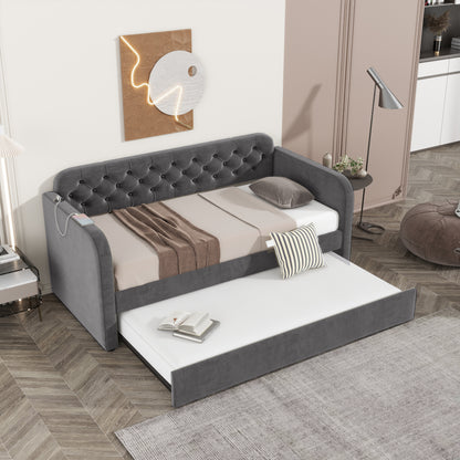 Twin Size Upholstered Daybed with Trundle and USB Charging Design, Velvet Upholstered Daybed Frame, Twin Sofa Bed for Living Room Bedroom, No Box Spring Needed,Plush velvet fabric dark grey 18# image 2