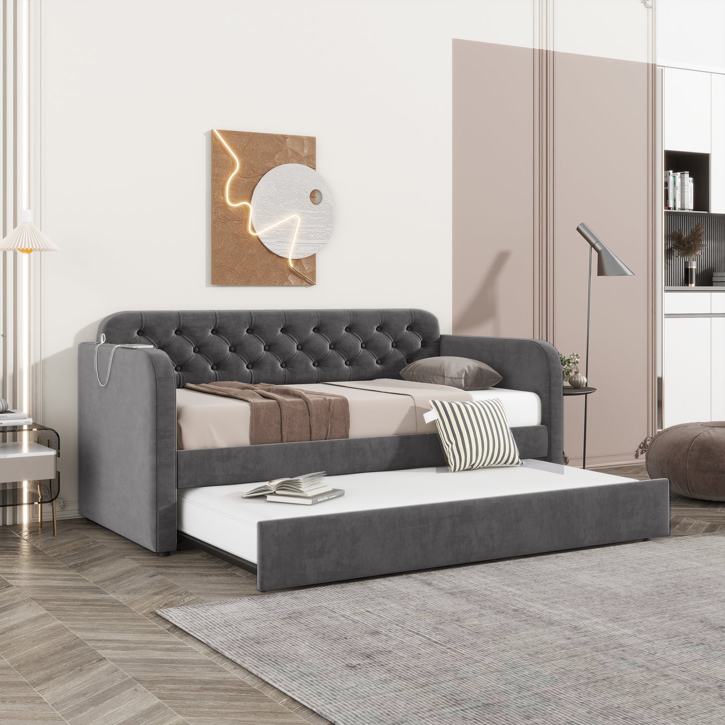 Twin Size Upholstered Daybed with Trundle and USB Charging Design, Velvet Upholstered Daybed Frame, Twin Sofa Bed for Living Room Bedroom, No Box Spring Needed,Plush velvet fabric dark grey 18# image 3