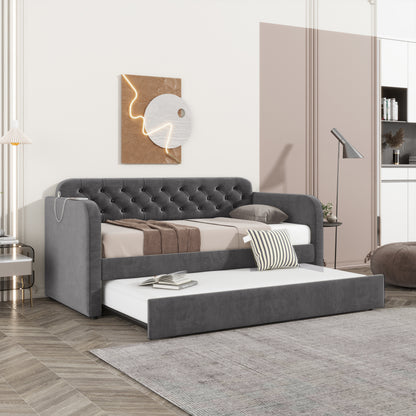 Twin Size Upholstered Daybed with Trundle and USB Charging Design, Velvet Upholstered Daybed Frame, Twin Sofa Bed for Living Room Bedroom, No Box Spring Needed,Plush velvet fabric dark grey 18# image 3