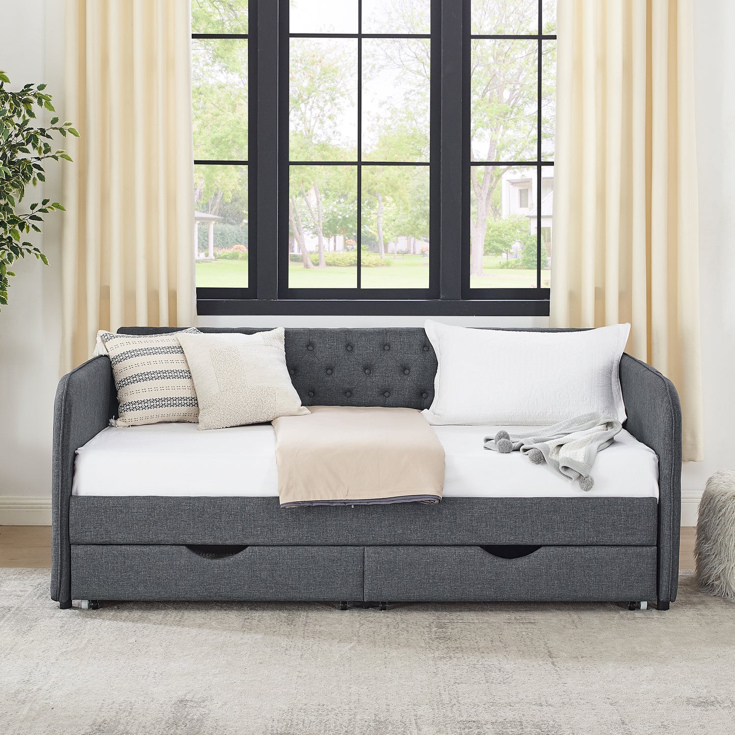 Twin Size Upholstery Daybed with Trundle Bed and Two Storage Drawers, Flat Arms with Pocket, Extendable Daybed for Bedroom Living Room,Linen Dark Gray image 5