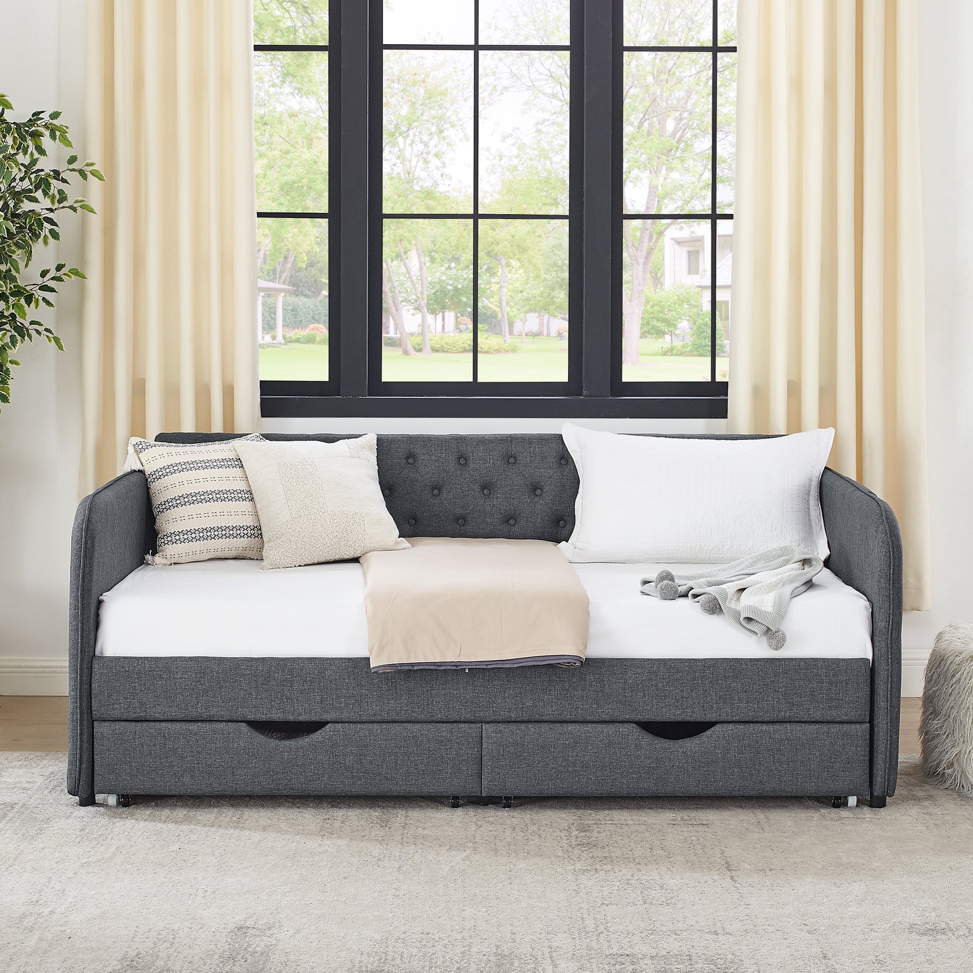 Twin Size Upholstery Daybed with Trundle Bed and Two Storage Drawers, Flat Arms with Pocket, Extendable Daybed for Bedroom Living Room,Linen Dark Gray image 5