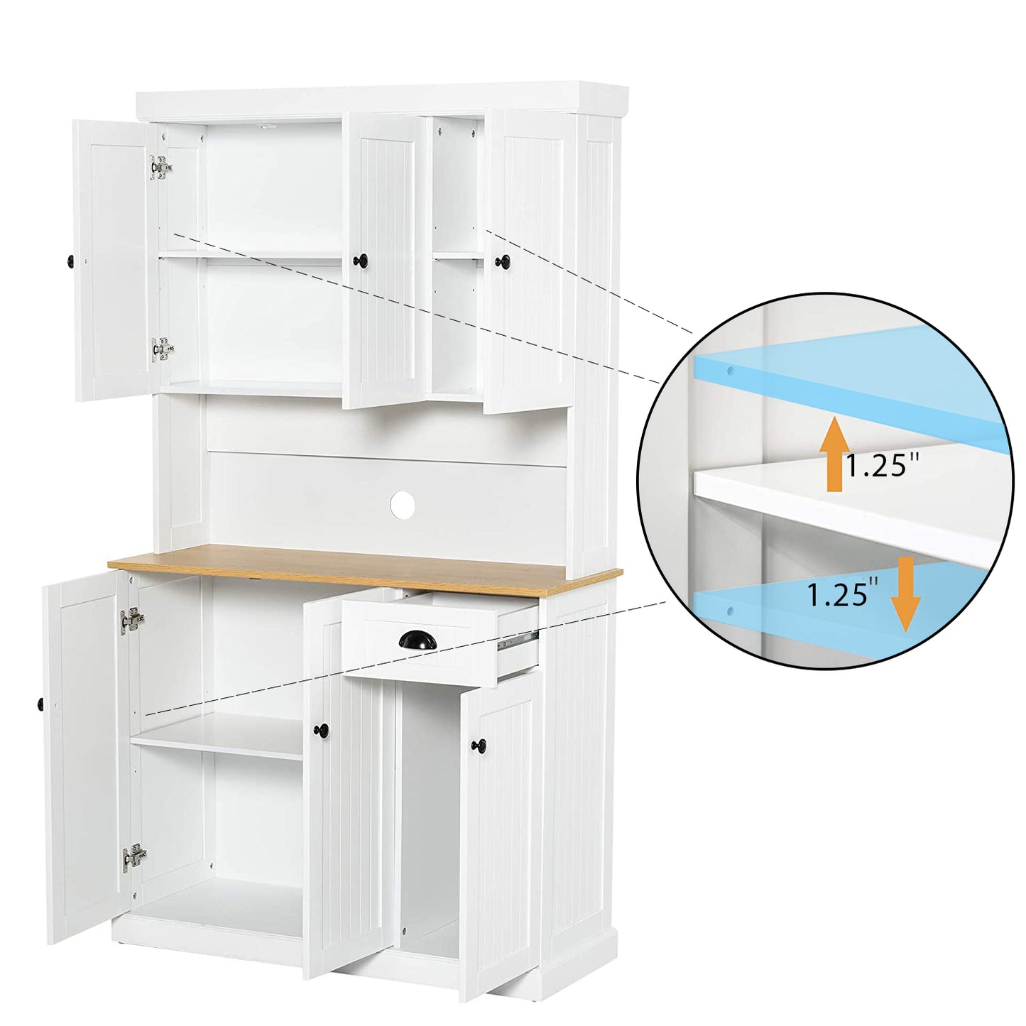 71" Kitchen Pantry Storage Cabinet with Microwave Oven Countertop, Freestanding Hutch Cabinet with Adjustable Shelves, 6 Doors and 1 Drawer-White image 8