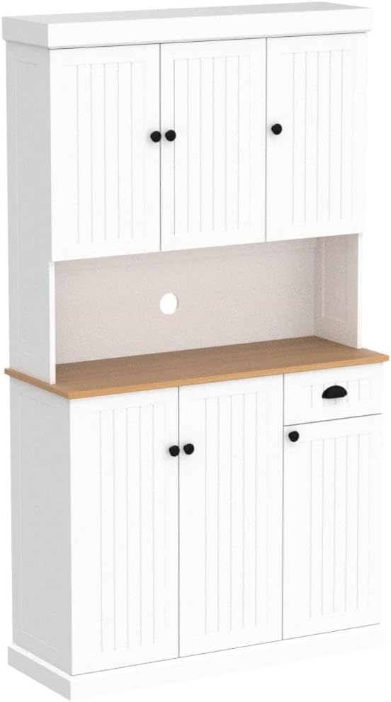 71" Kitchen Pantry Storage Cabinet with Microwave Oven Countertop, Freestanding Hutch Cabinet with Adjustable Shelves, 6 Doors and 1 Drawer-White image 7