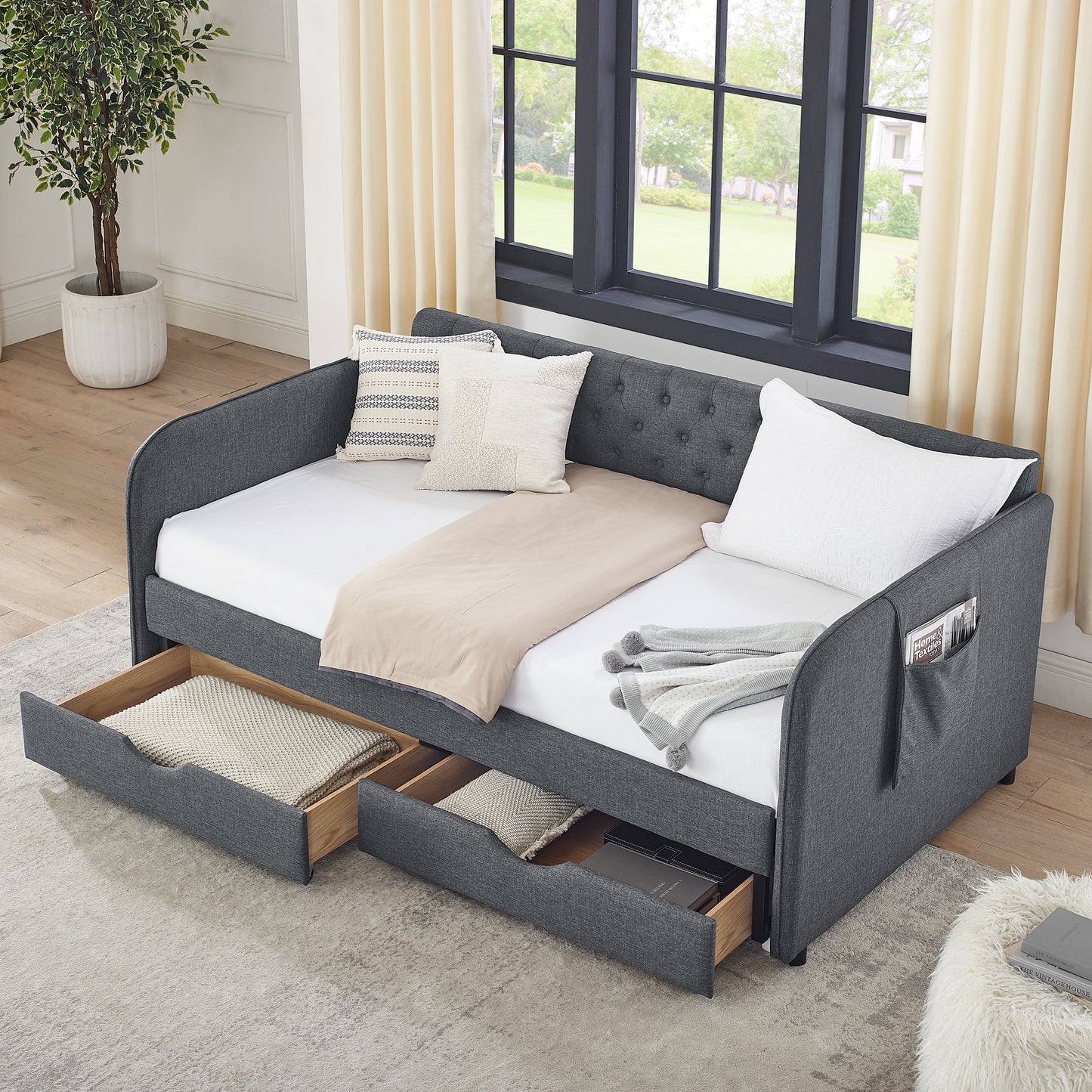 Twin Size Upholstery Daybed with Trundle Bed and Two Storage Drawers, Flat Arms with Pocket, Extendable Daybed for Bedroom Living Room,Linen Dark Gray image 1