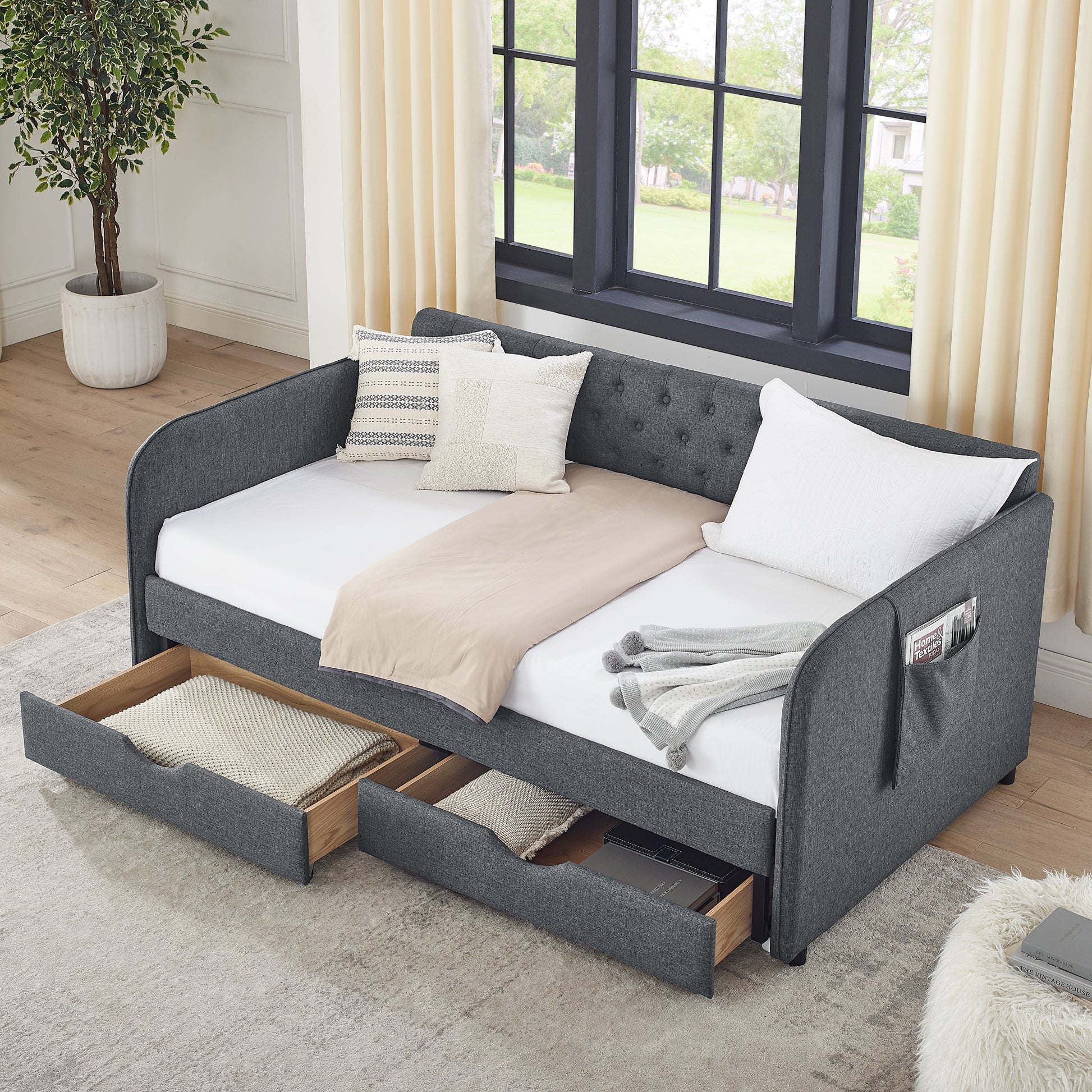 Twin Size Upholstery Daybed with Trundle Bed and Two Storage Drawers, Flat Arms with Pocket, Extendable Daybed for Bedroom Living Room,Linen Dark Gray image 1