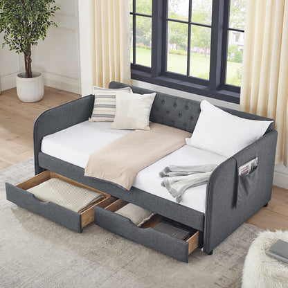 Twin Size Upholstery Daybed with Trundle Bed and Two Storage Drawers, Flat Arms with Pocket, Extendable Daybed for Bedroom Living Room,Linen Dark Gray image 1