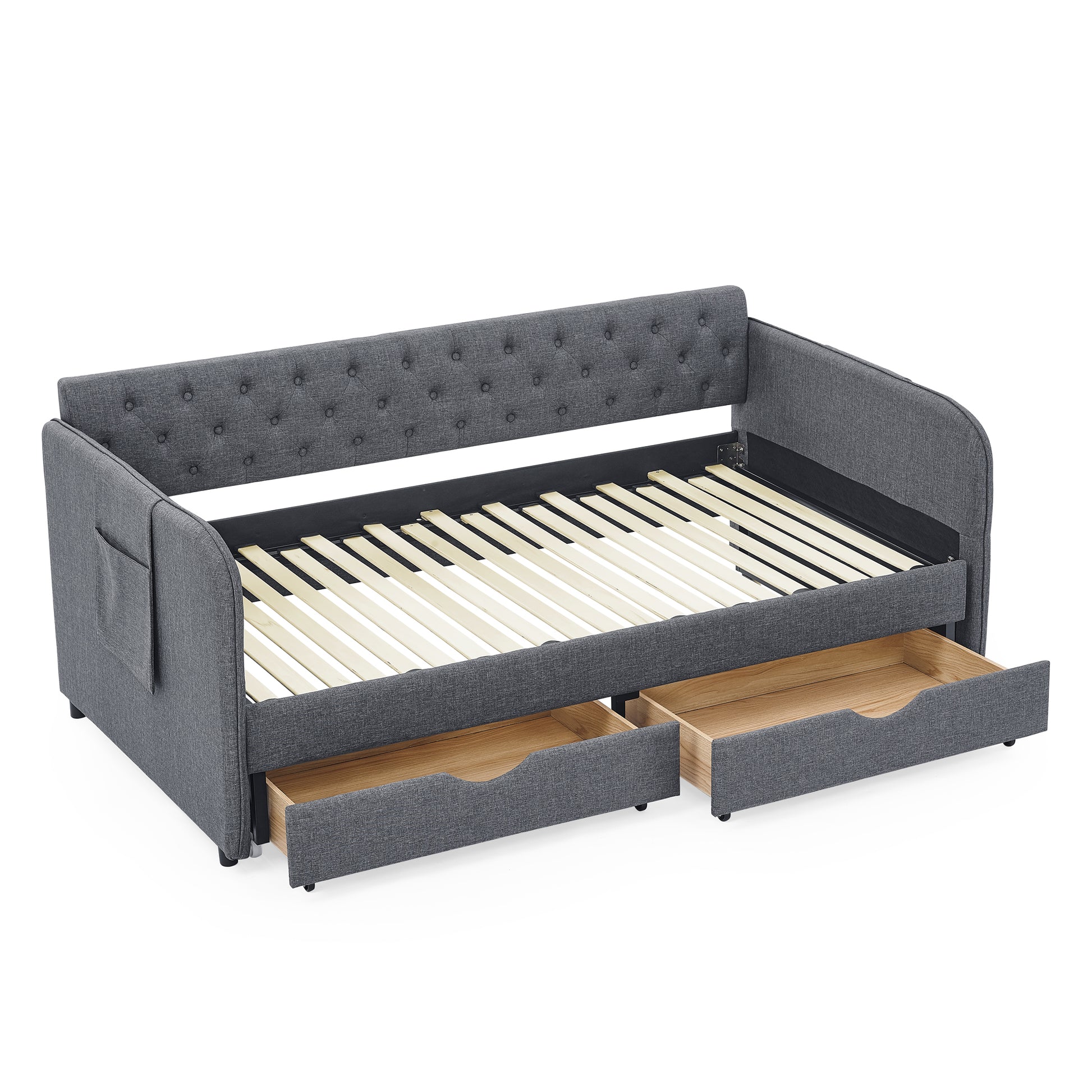 Twin Size Upholstery Daybed with Trundle Bed and Two Storage Drawers, Flat Arms with Pocket, Extendable Daybed for Bedroom Living Room,Linen Dark Gray image 8