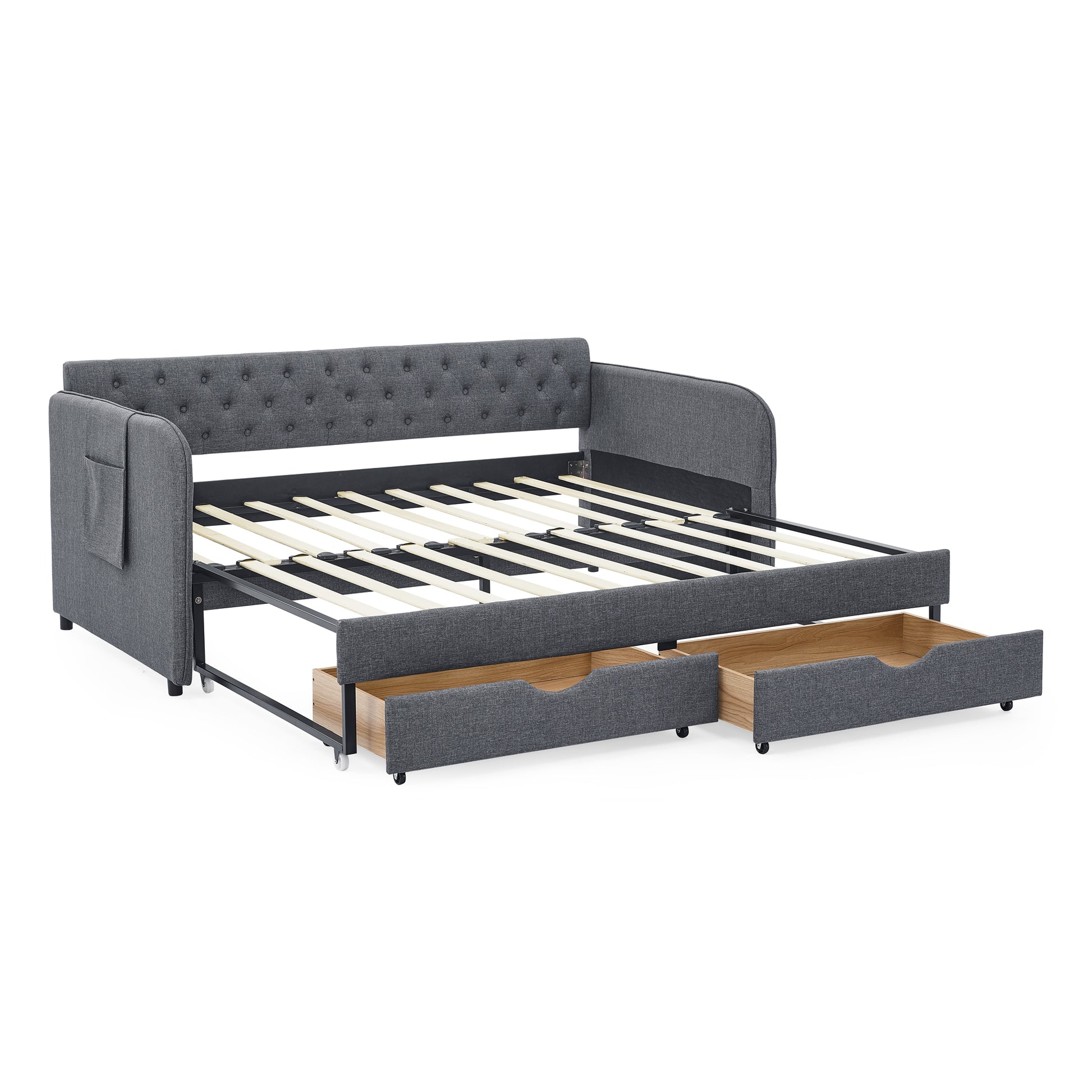 Twin Size Upholstery Daybed with Trundle Bed and Two Storage Drawers, Flat Arms with Pocket, Extendable Daybed for Bedroom Living Room,Linen Dark Gray image 10