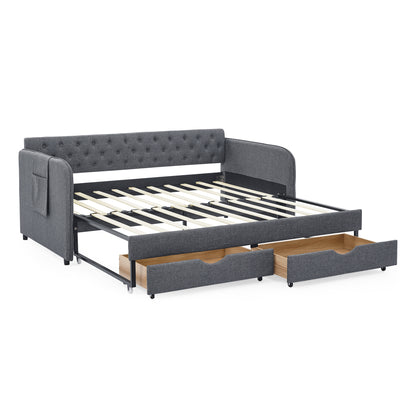 Twin Size Upholstery Daybed with Trundle Bed and Two Storage Drawers, Flat Arms with Pocket, Extendable Daybed for Bedroom Living Room,Linen Dark Gray image 10