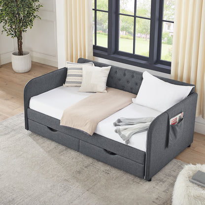 Twin Size Upholstery Daybed with Trundle Bed and Two Storage Drawers, Flat Arms with Pocket, Extendable Daybed for Bedroom Living Room,Linen Dark Gray image 4