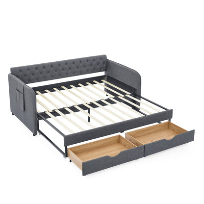 Twin Size Upholstery Daybed with Trundle Bed and Two Storage Drawers, Flat Arms with Pocket, Extendable Daybed for Bedroom Living Room,Linen Dark Gray image 9