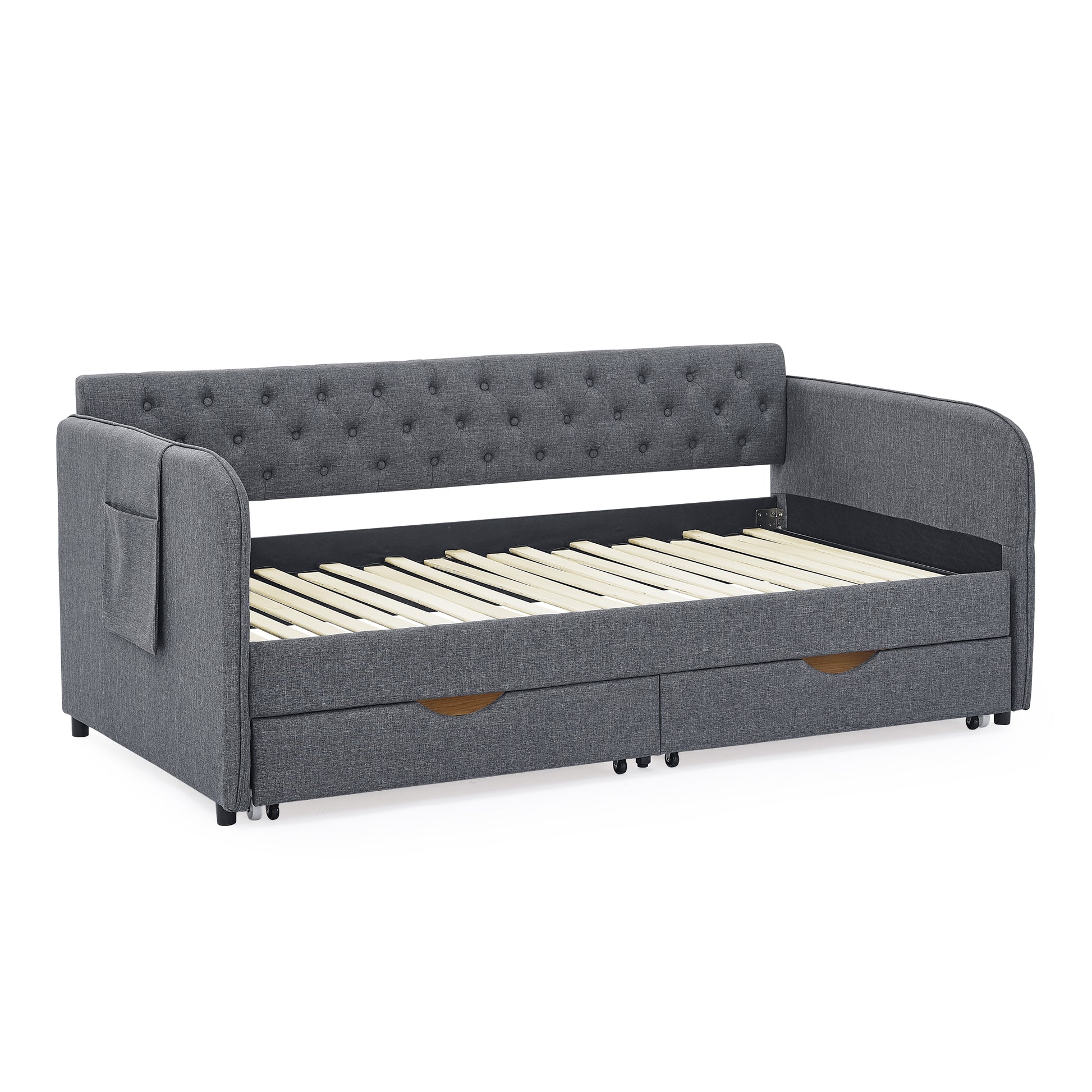 Twin Size Upholstery Daybed with Trundle Bed and Two Storage Drawers, Flat Arms with Pocket, Extendable Daybed for Bedroom Living Room,Linen Dark Gray image 12