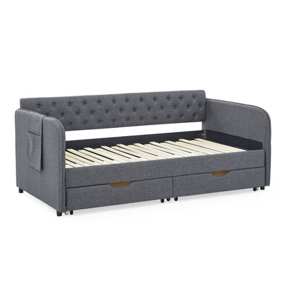 Twin Size Upholstery Daybed with Trundle Bed and Two Storage Drawers, Flat Arms with Pocket, Extendable Daybed for Bedroom Living Room,Linen Dark Gray image 12