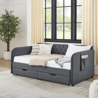 Twin Size Upholstery Daybed with Trundle Bed and Two Storage Drawers, Flat Arms with Pocket, Extendable Daybed for Bedroom Living Room,Linen Dark Gray image 2