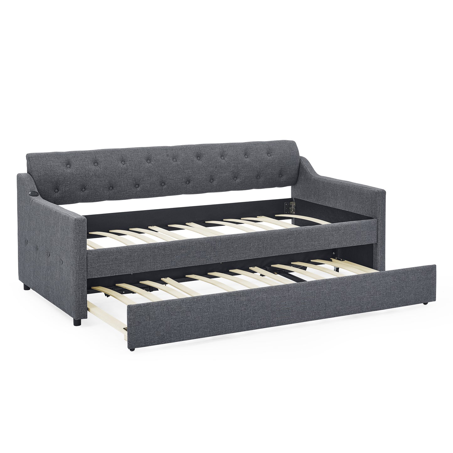 Twin Size Upholstery Daybed with Trundle Bed and Two Storage Drawers, Flat Arms with Pocket, Extendable Daybed for Bedroom Living Room,Linen Dark Gray image 11