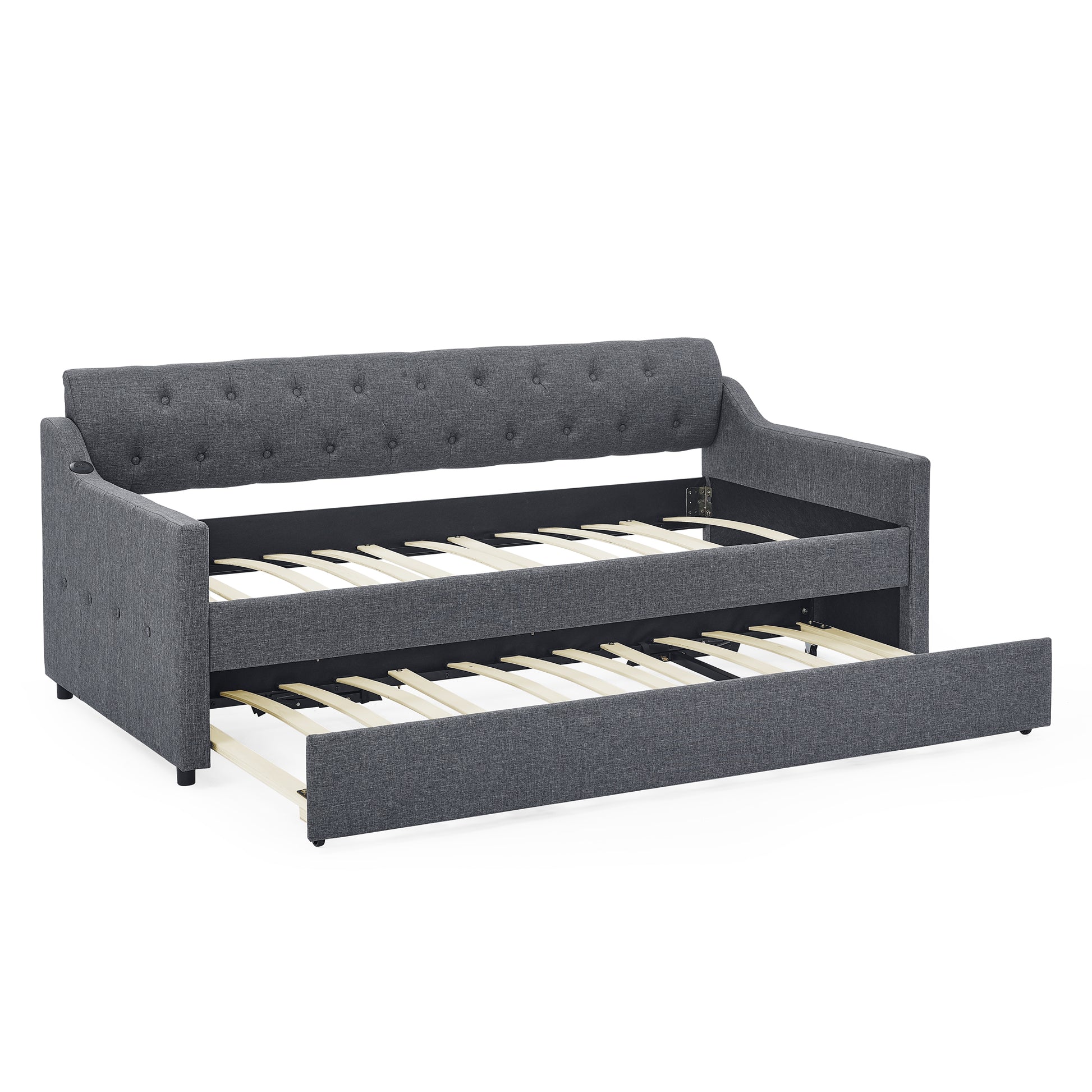 Twin Size Upholstery Daybed with Trundle Bed and Two Storage Drawers, Flat Arms with Pocket, Extendable Daybed for Bedroom Living Room,Linen Dark Gray image 11