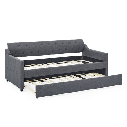 Twin Size Upholstery Daybed with Trundle Bed and Two Storage Drawers, Flat Arms with Pocket, Extendable Daybed for Bedroom Living Room,Linen Dark Gray image 11