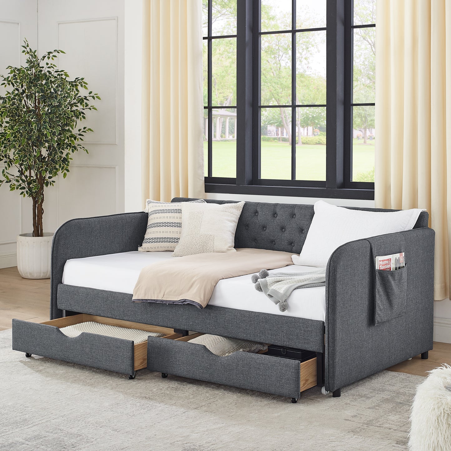 Twin Size Upholstery Daybed with Trundle Bed and Two Storage Drawers, Flat Arms with Pocket, Extendable Daybed for Bedroom Living Room,Linen Dark Gray image 3