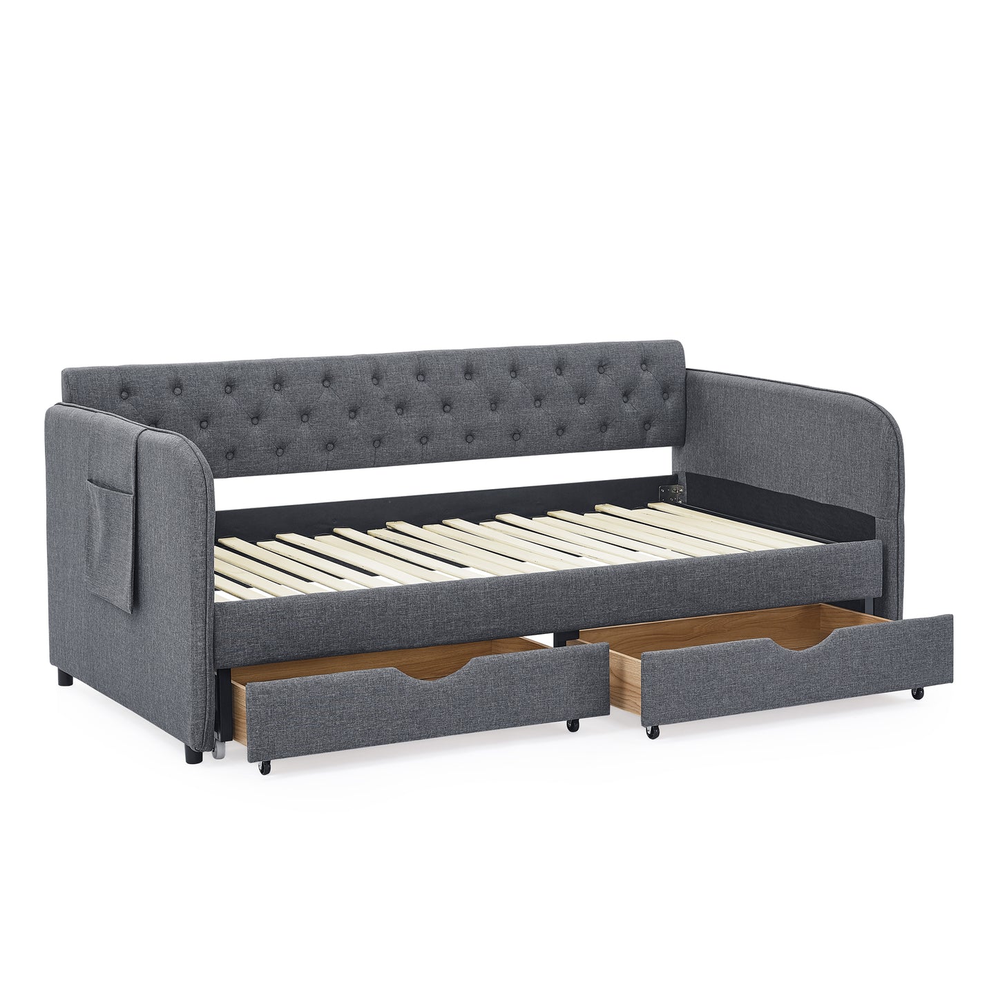 Twin Size Upholstery Daybed with Trundle Bed and Two Storage Drawers, Flat Arms with Pocket, Extendable Daybed for Bedroom Living Room,Linen Dark Gray image 7