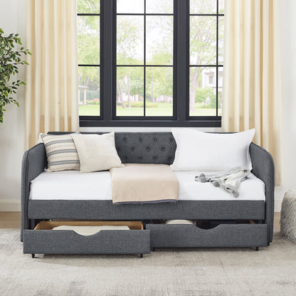 Twin Size Upholstery Daybed with Trundle Bed and Two Storage Drawers, Flat Arms with Pocket, Extendable Daybed for Bedroom Living Room,Linen Dark Gray image 6