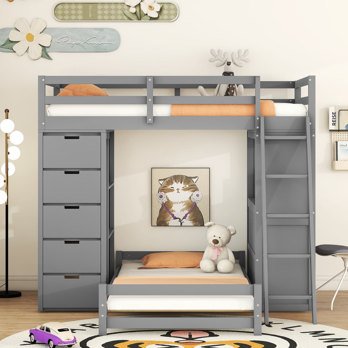 Twin over Twin Bunk Bed with LED Light and USB Ports, Gray(OLD SKU:LT001218AAE-1) image 2