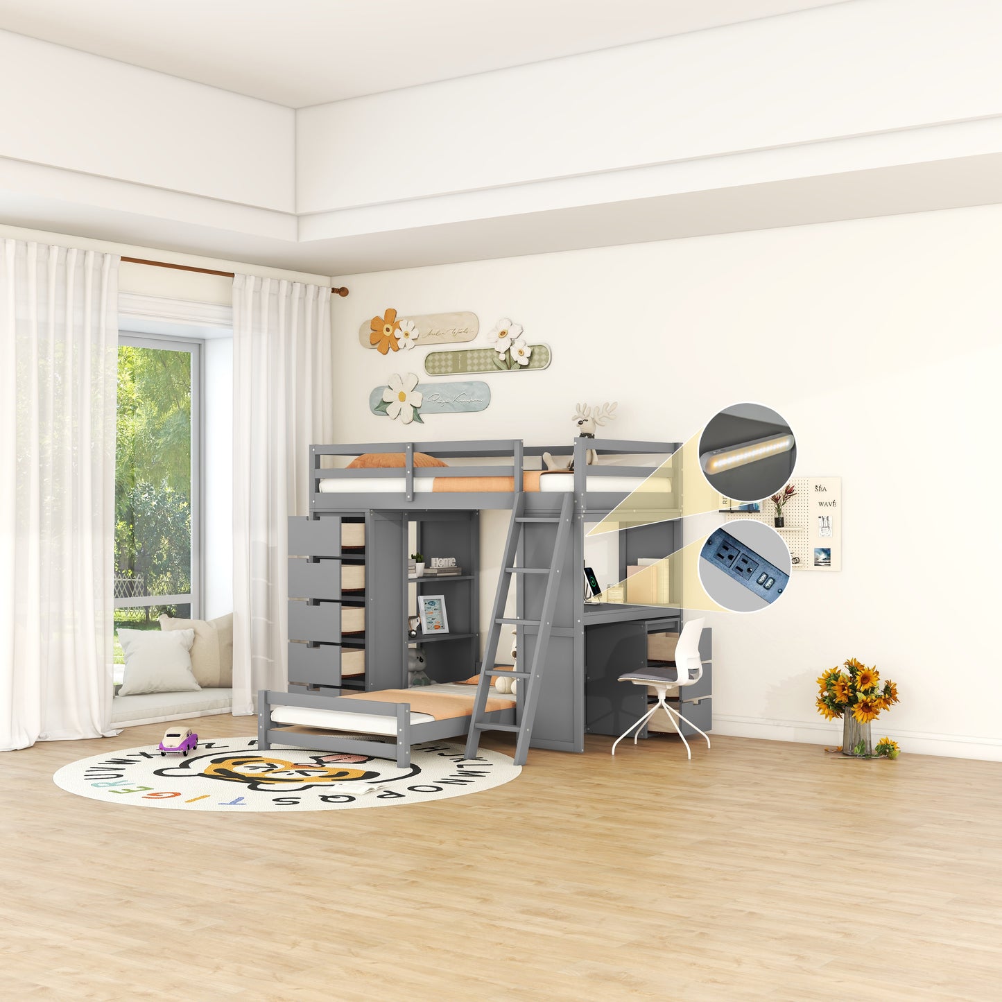 Twin over Twin Bunk Bed with LED Light and USB Ports, Gray(OLD SKU:LT001218AAE-1) image 3