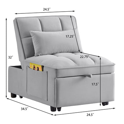 4 in1 Multi-Function Single Sofa Bed with Storage Pockets,Tufted Single Pull-out Sofa Bed with Adjustable Backrest and Pillows,Convertible Chaise Lounge,Gray image 12