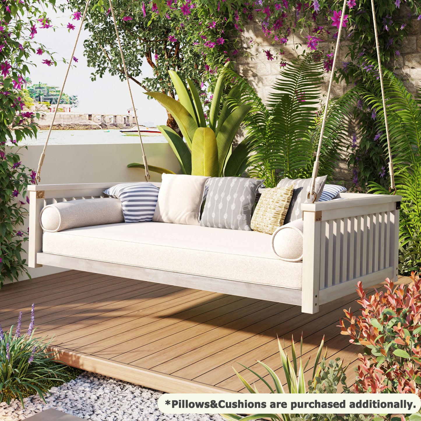 TOPMAX Patio Minimalist Twin Size Garden Swing Bed Wood Porch Swing with Ropes for Backyard, Safe Sloped Design, White image 4