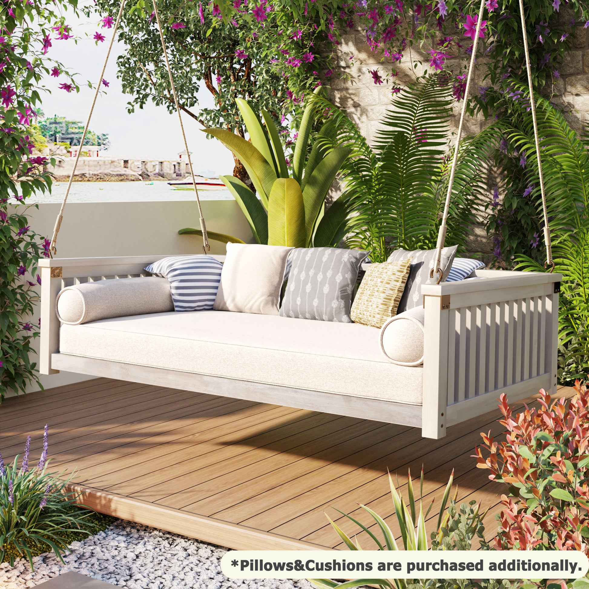 TOPMAX Patio Minimalist Twin Size Garden Swing Bed Wood Porch Swing with Ropes for Backyard, Safe Sloped Design, White image 4