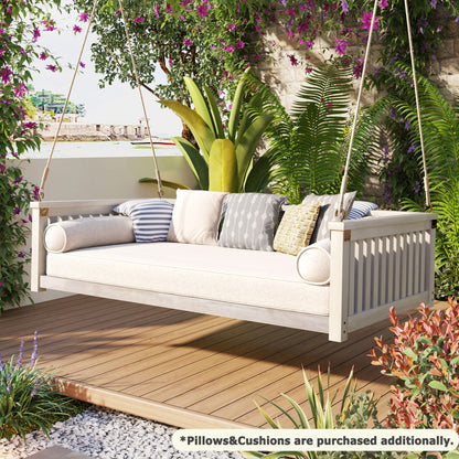 TOPMAX Patio Minimalist Twin Size Garden Swing Bed Wood Porch Swing with Ropes for Backyard, Safe Sloped Design, White image 4