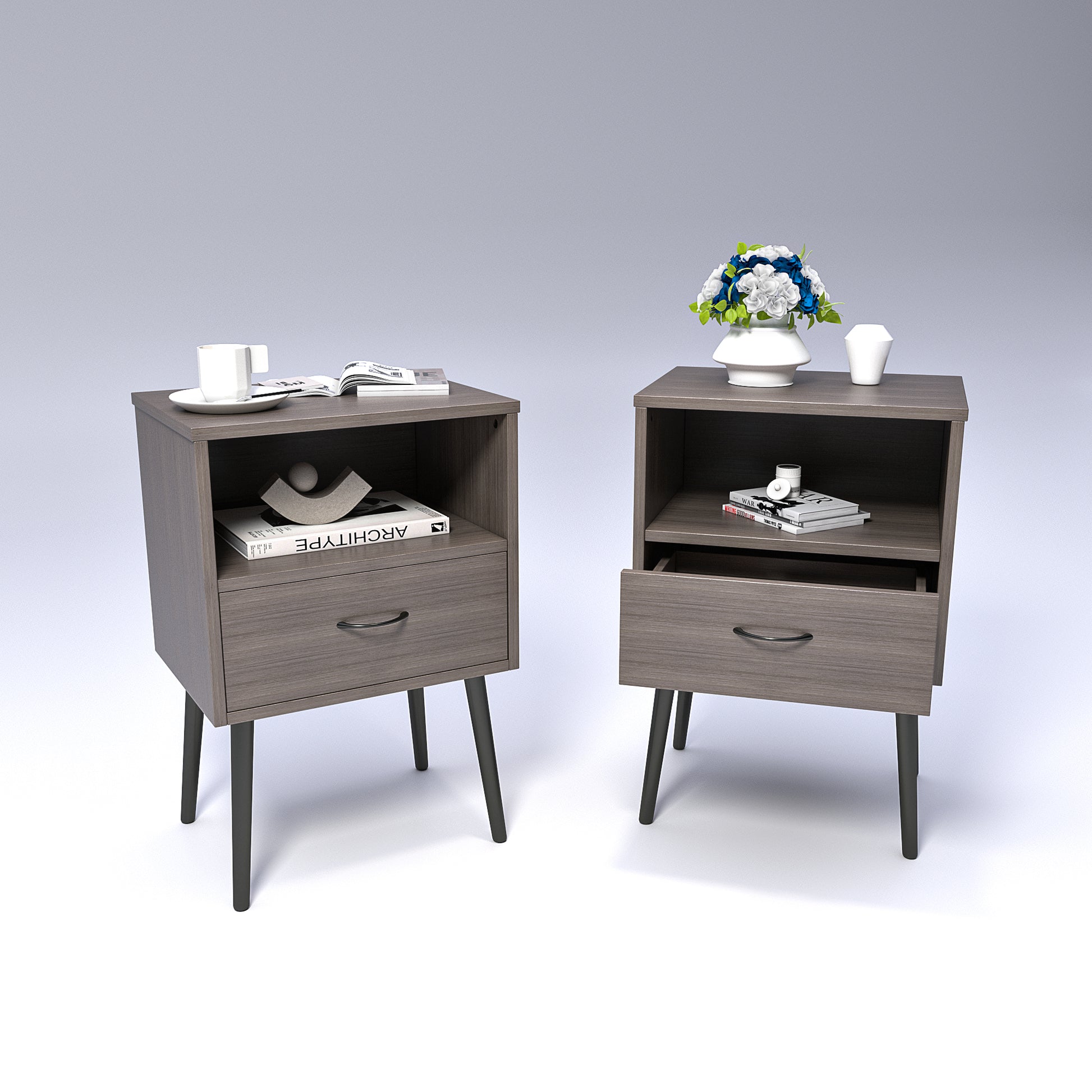 Two sets of Nightstand,modern style bedside table, With storage drawers and open wooden shelves, Suitable for living rooms, Bedrooms and small spaces. Decorative bedside tables in two sets, Easy to as image 1