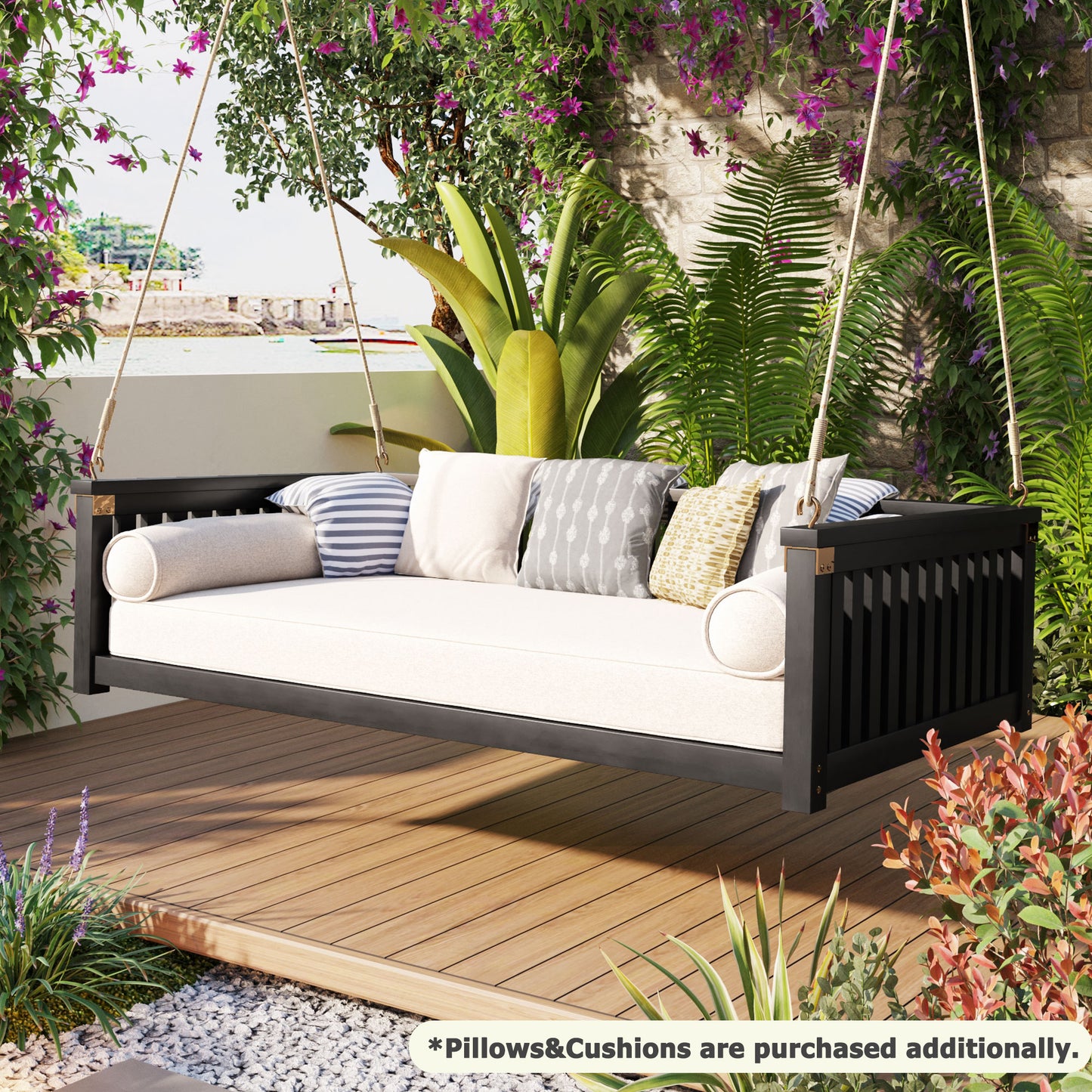 TOPMAX Patio Minimalist Twin Size Garden Swing Bed Wood Porch Swing with Ropes for Backyard, Safe Sloped Design, Black image 4